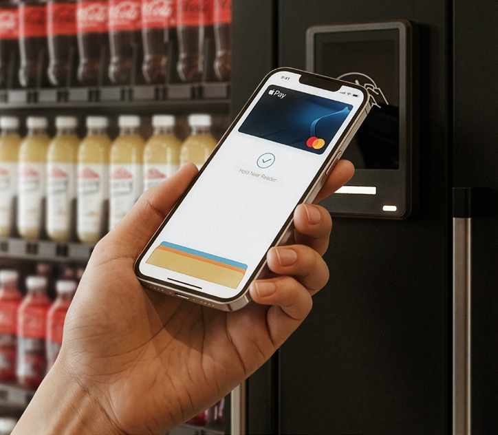 Step one of premium vending with Ameni: a person taps a phone with Apple Pay on the smart fridge card reader in a Sydney office