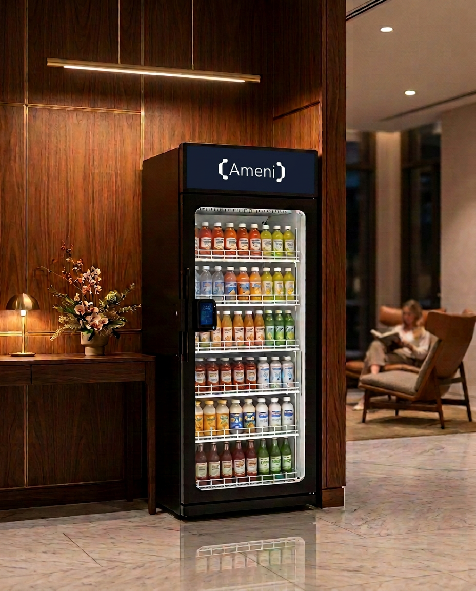 Ameni SRK premium vending smart fridge in a walnut-panelled hotel lobby amenity nook in Greater Sydney