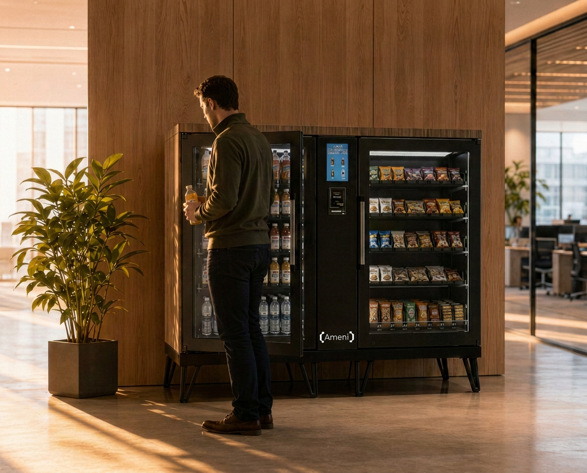 Person tapping to buy a drink from an Ameni premium vending smart fridge in a modern Sydney office