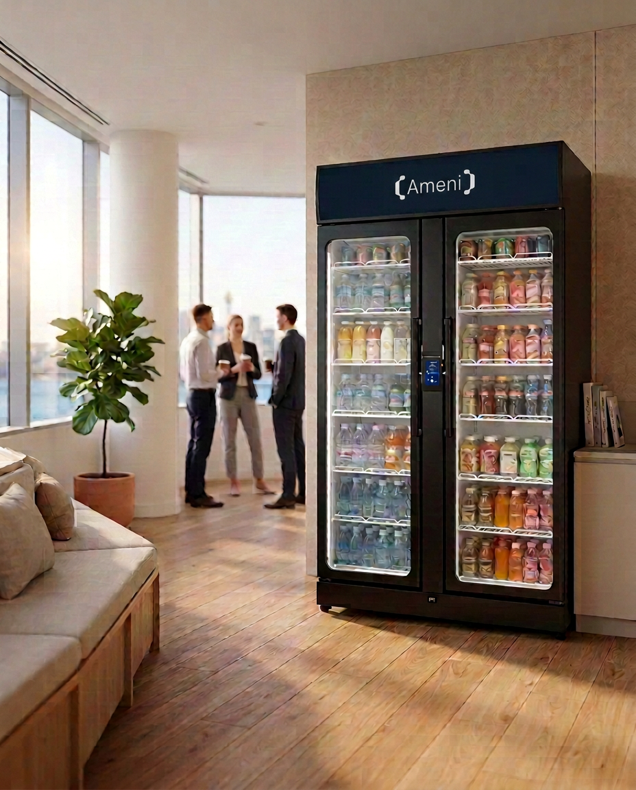 Fully serviced Ameni SRK2 premium vending smart fridge in a Sydney workplace breakout, restocked by the Ameni team