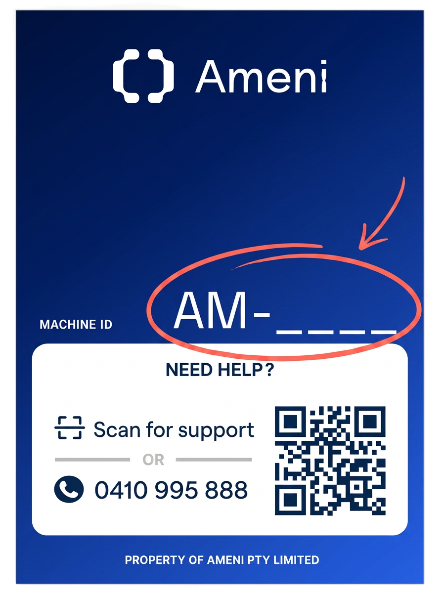 Ameni premium vending support label on a smart fridge showing where the Machine ID is printed